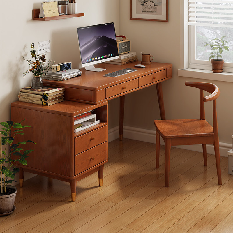 Retractable desk home small family type computer desk solid wood bookcase integrated learning table bedroom corner table combination-Taobao