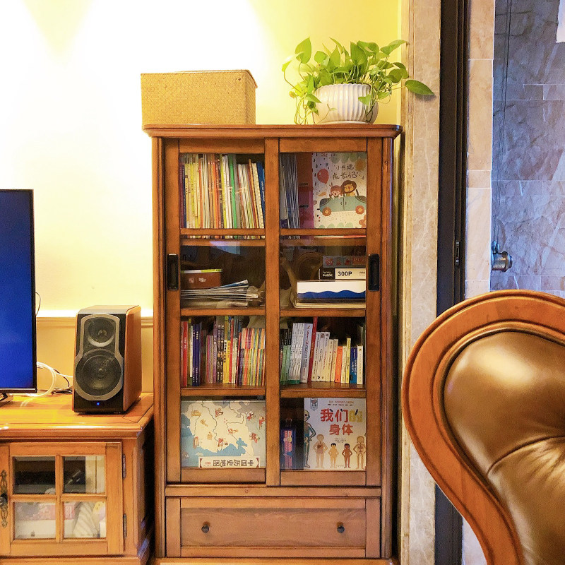 Sliding door bookcase bookshelf children's floor-to-ceiling solid wood living room storage locker with glass door dust-proof home American style