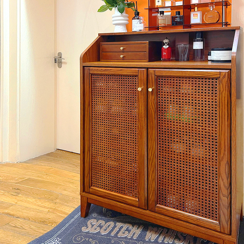 American solid wood rattan knitted shoe cabinet integrated by wall large capacity Home entrance door entry door to door containing cabinet