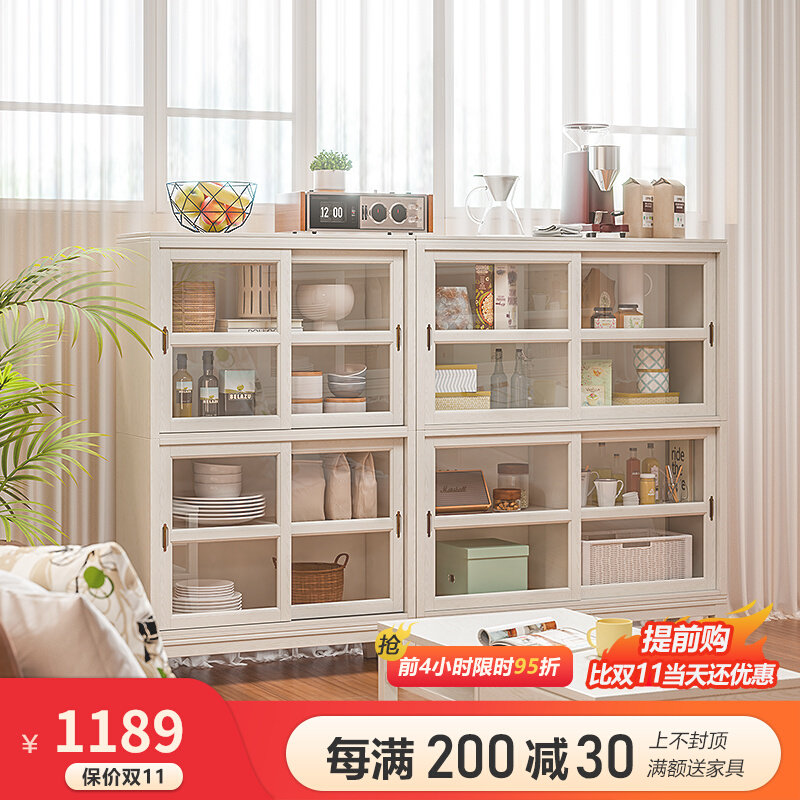 Sliding door bookcase children's solid wood dust-proof household with glass door storage cabinet one whole wall living room American bookshelf