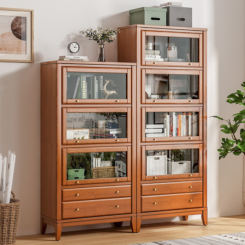 Dust-proof bookcase low with glass door floor-to-ceiling living room solid wood whole wall home locker American style against the wall