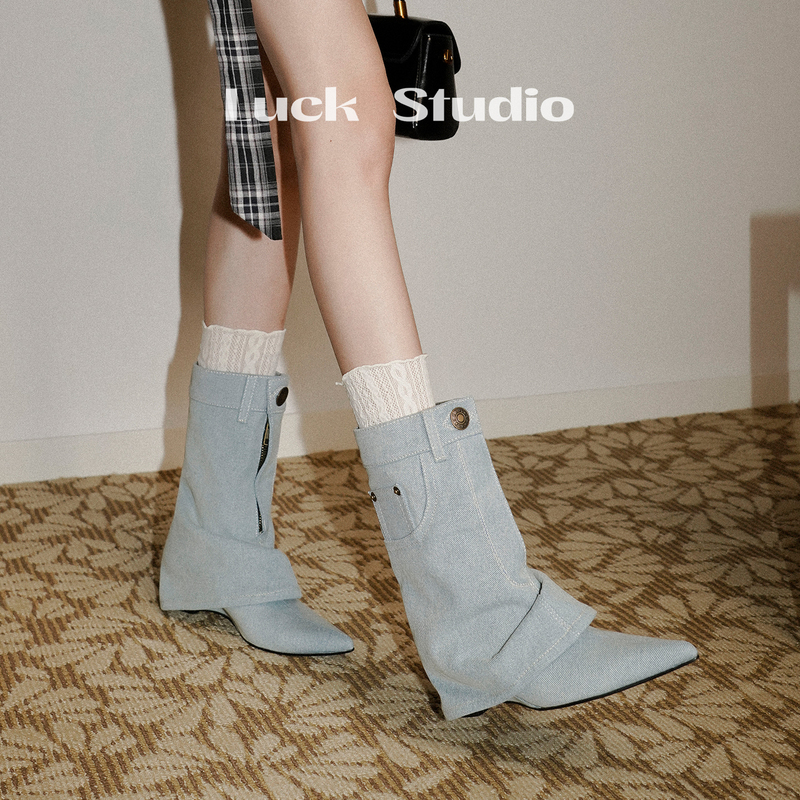 Lucky Said~ Pointed-Toe Denim Short Boots, Blue Korean-Style Wedge Heel, Hot Girl Bootcut Boots, British Style Martin Boots, New for Autumn