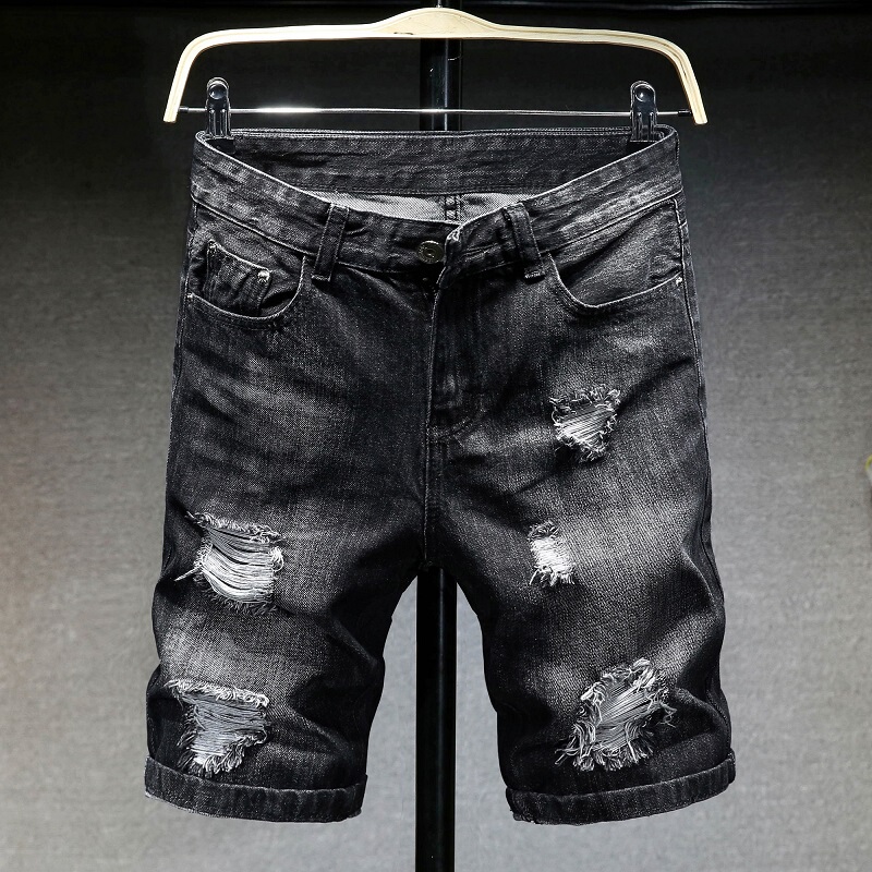 Men's Denim Shorts Trendy New Summer Five-Point Pants Loose Versatile Black Ripped Men's Unique Five-Point Mid-Length Pants