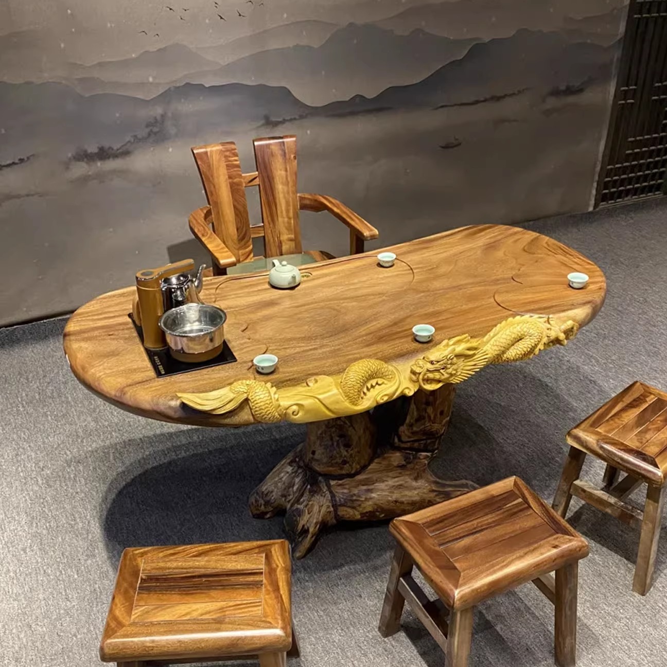 【銀閣】煎茶道具 天然木彫刻 刻松題詩 不精箱 無精箱 堤手器局旧家蔵出(RA424) 加厚綠檀木茶盤 整塊實木家用茶臺小號茶海立體精雕茶臺雕刻茶盤