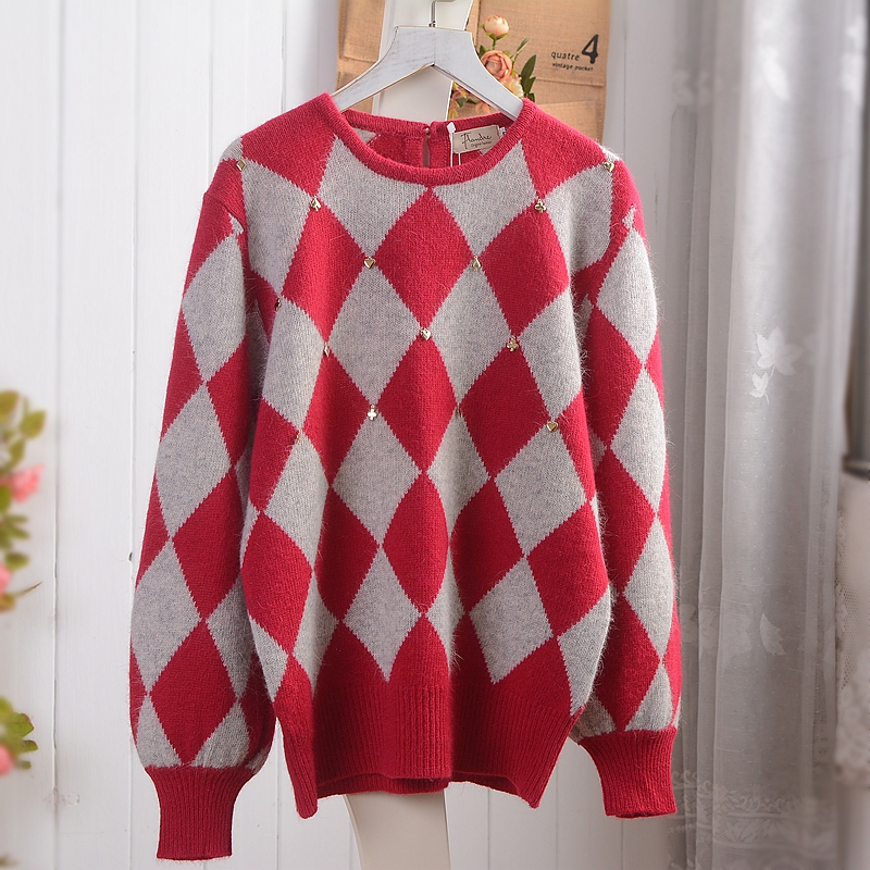 Japanese Retro Autumn and Winter Angora Rabbit Fur Mink Wool Red and Gray Patchwork Argyle Pullover Long-Sleeve Sweater for Women