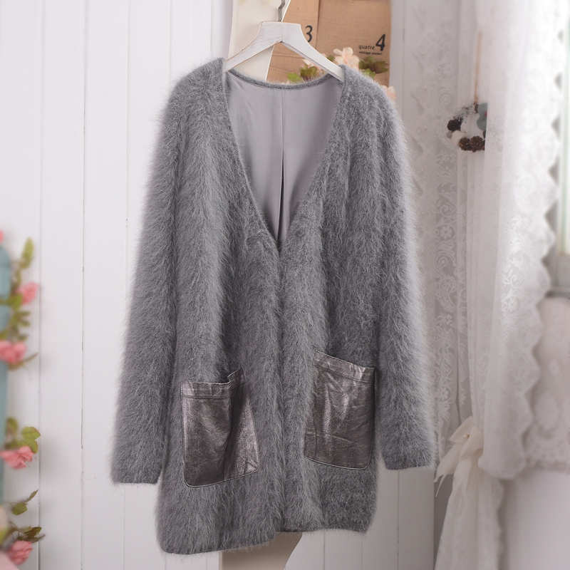 2026 New Retro Angora Rabbit Fur Gray Mid-Length Warm Cardigan Sweet Sweater for Women 2026 New Retro Angora Rabbit Fur Gray Mid-Length Warm Cardigan Sweet Sweater for Women