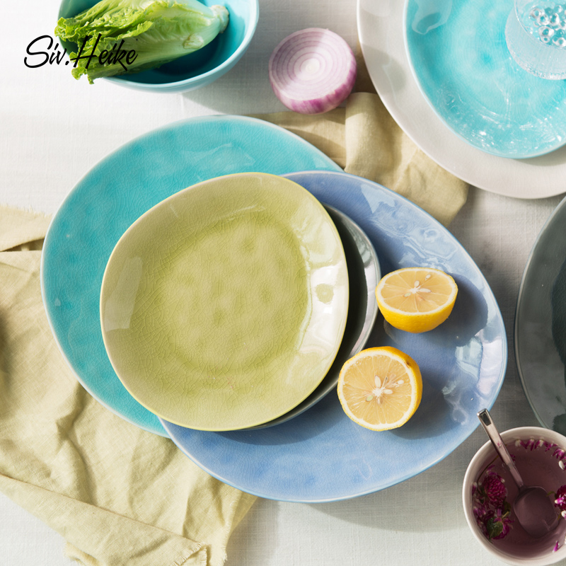 Ice crack creative color European Japanese household large - sized ceramic plate of western - style food dish flavor dish plate