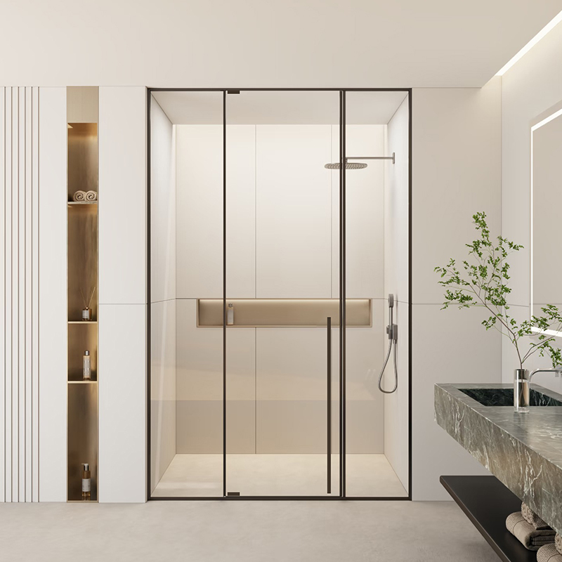 Extremely Narrow Linear Shower Enclosure with Dry and Wet Separation, Bathroom Partition with Flat Opening Door, Minimalist Glass Door with Recessed Design