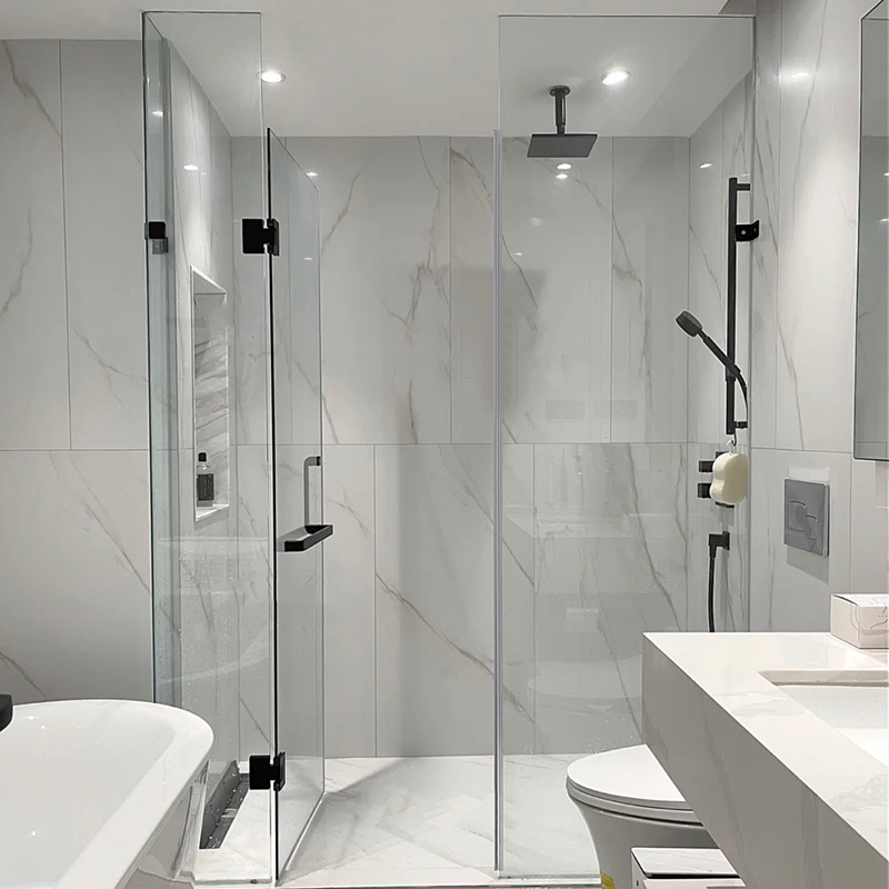 Minimalist Frameless Shower Enclosure with Sunken Flat Opening Frameless Glass Door for Barrier-Free Bathroom