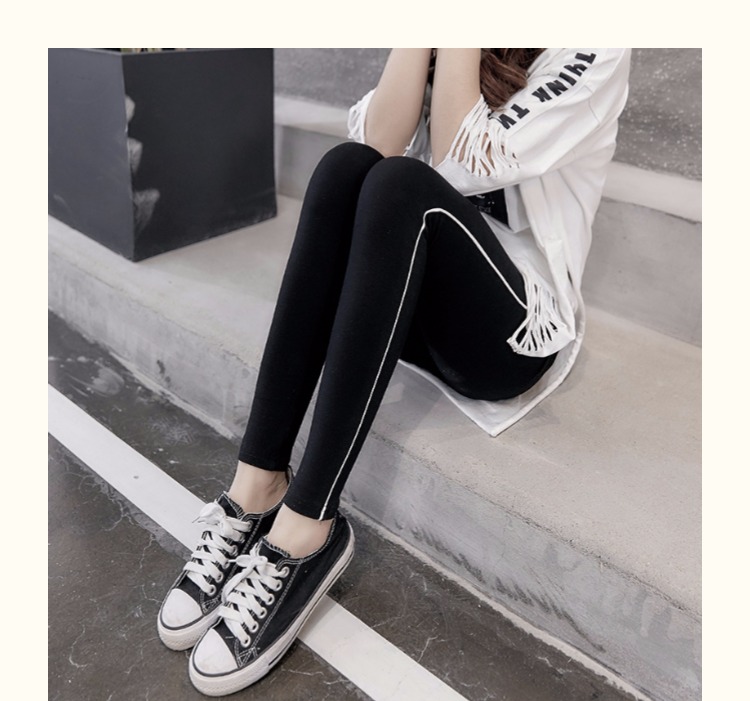 Mùa thu mới bên dải trắng quần legging cotton cao eo nữ quần mỏng mặc quần thể thao hoang dã quần nữ cho người béo