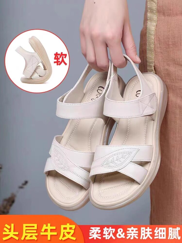 断码清仓红青蜓真皮妈妈鞋女2025夏新款中老年平底软底牛筋底凉鞋