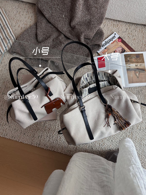 No.59 Old Money Style Niche High-End Linen and First-Layer Cowhide "Sandwich" Large-Capacity Boston Bag