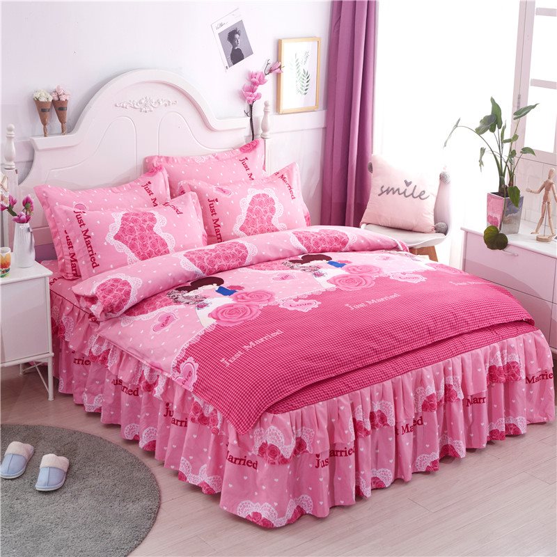 Korean Version Bed Four Pieces Full Cotton Pure Cotton Frosted Princess Wind Lotus Leaf Side Bed Skirt Wed Wedding four sets of female new products