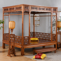 Full solid wood step bed imitation antique red wood Namyu wood carving flower double moon cave one thousand work plus-size bed new Chinese shelf bed