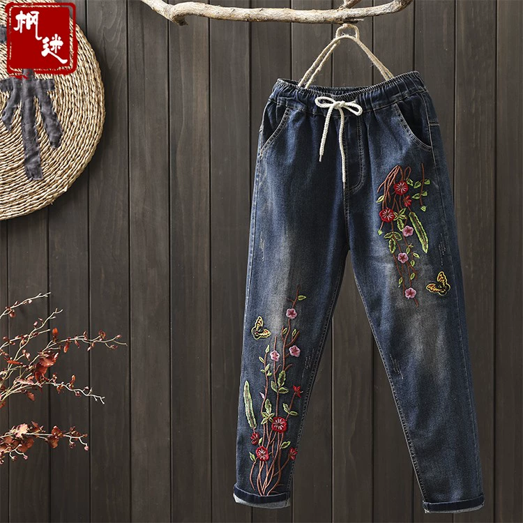 Maple câu đố văn học retro rửa cũ để thêu màu quần jeans cotton lỏng của phụ nữ mùa thu quần harem - Quần jean