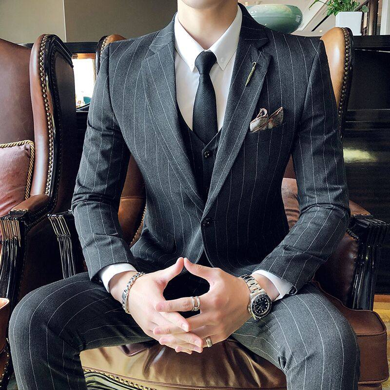 Striped suit men's suit Korean version of the tide slim-fit handsome men's suit Formal suit A set of groom wedding dress four seasons