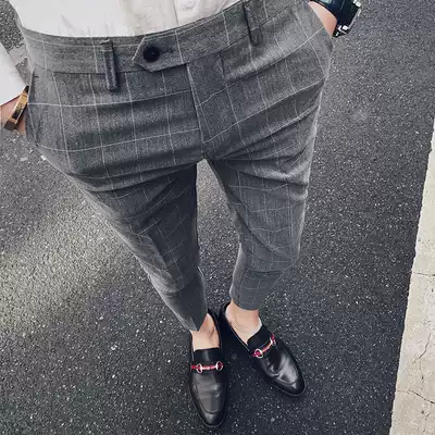 Autumn plaid pants men's Korean version of the trend casual pants slim-fit cigarette tube pants 9 points small trousers British nine points pants men