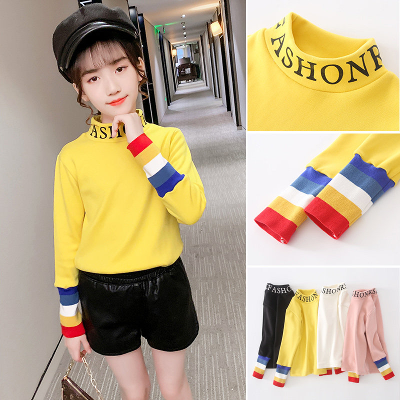 Girls' fleece bottoming shirts autumn and winter children's suits Western style girls thickened semi-high collar long-sleeved T-shirts warm tops tide