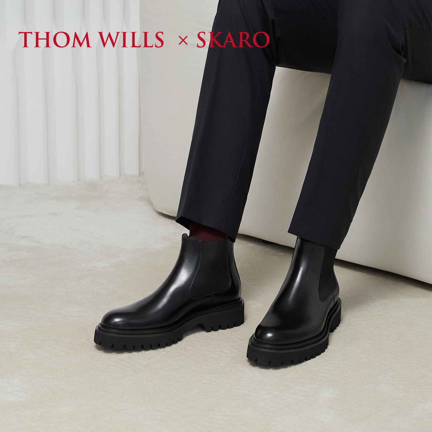 トム・ウィルス＆SKARO 共同メンズチェルシーブーツ フォーマル マーティンブーツ 本革 メンズ 身長アップ ブラック