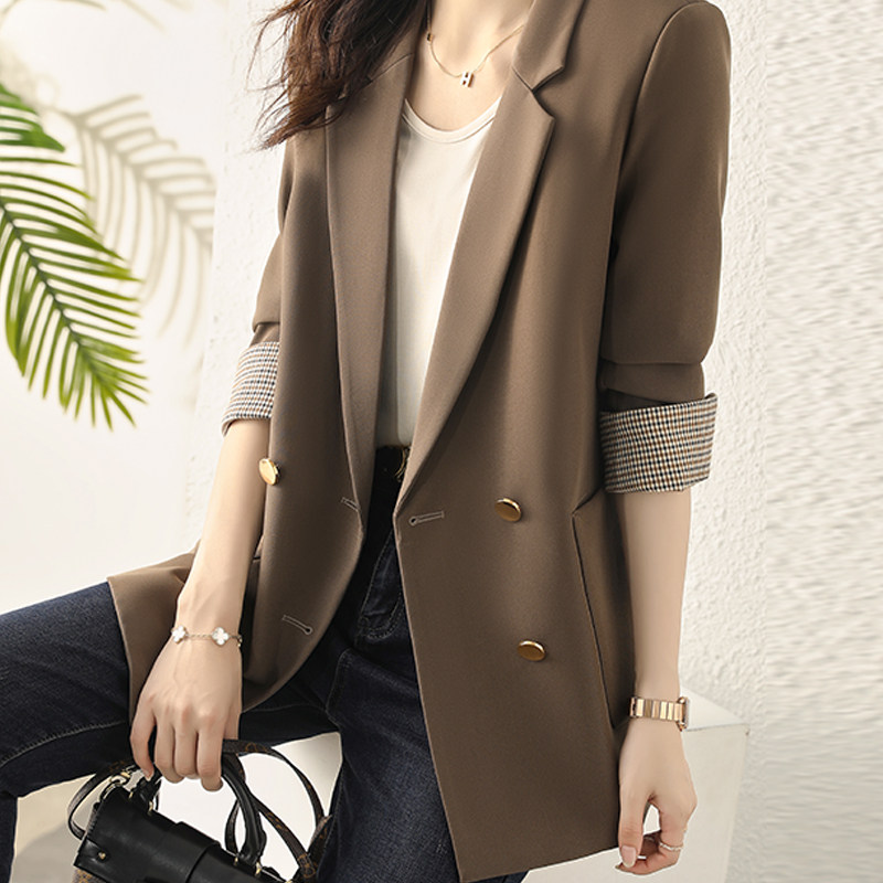 Double-row buckle curry suit jacket Women's spring autumn 2021 new Korean version Inn Wind Leisure Little Subsuit jacket