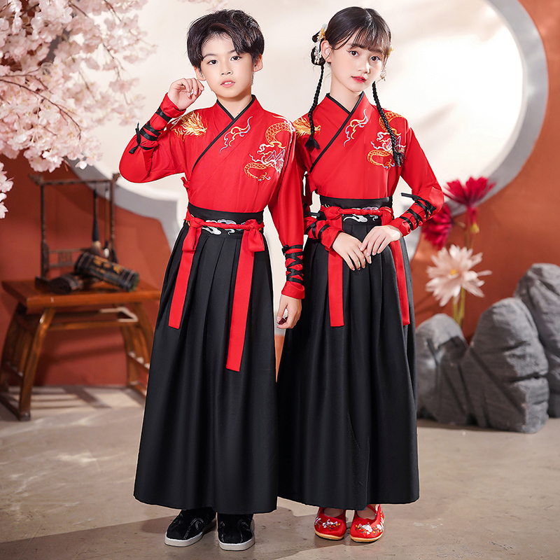 Children's Performance Costumes: Primary and Secondary School Students' Hanfu for Performances Such as the Fan Dance, Including Styles Like the Hanfu of the Song Dynasty, and Performances Like the Hanfu of the Ming Dynasty, Featuring Elements Like the Dragon Scale of Heaven and Earth and the Snow Dragon's Song