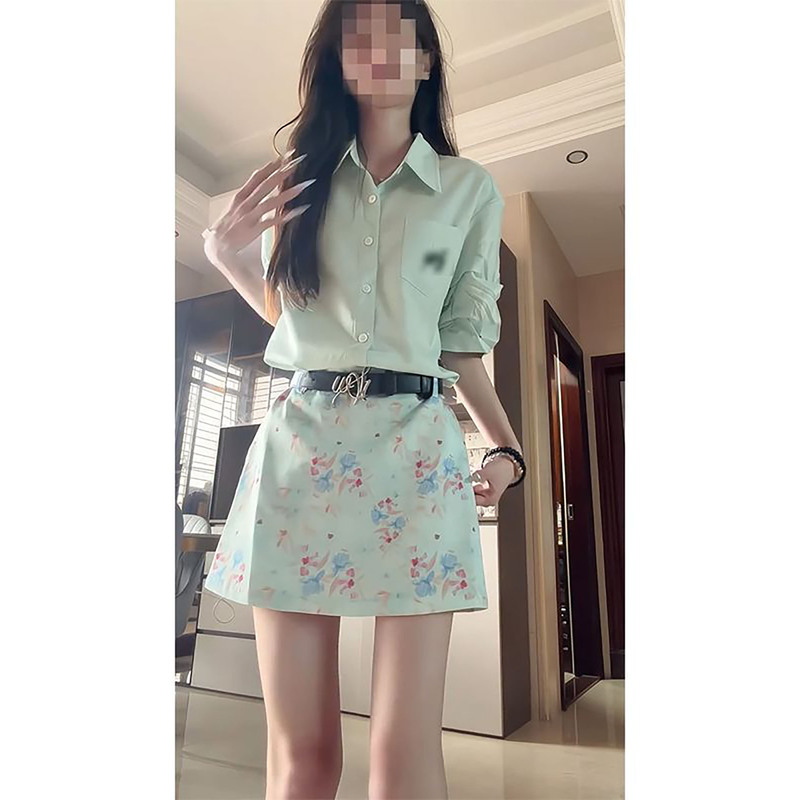 Summer Gentle and Sweet Girl Style Mint Green Polo Short-Sleeved Shirt + High-Waisted Hip-Hugging Short Skirt, Slimming and Age-Reducing Two-Piece Set