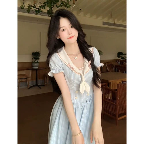 Платье с бантиком для школьников, летний приталенный корсет, длинная юбка, французский стиль, рукава фонарики