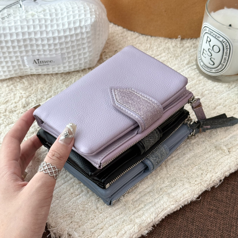 Rich Xia Qianqian Denim Color-Block Passport Holder Folding Wallet for Women with Multiple Card Slots, Lychee Pattern Wallet, Women's Leather Wallet Rich Xia Qianqian Denim Color-Block Passport Holder Folding Wallet for Women with Multiple Card Slots, Lychee Pattern Wallet, Women's Leather Wallet