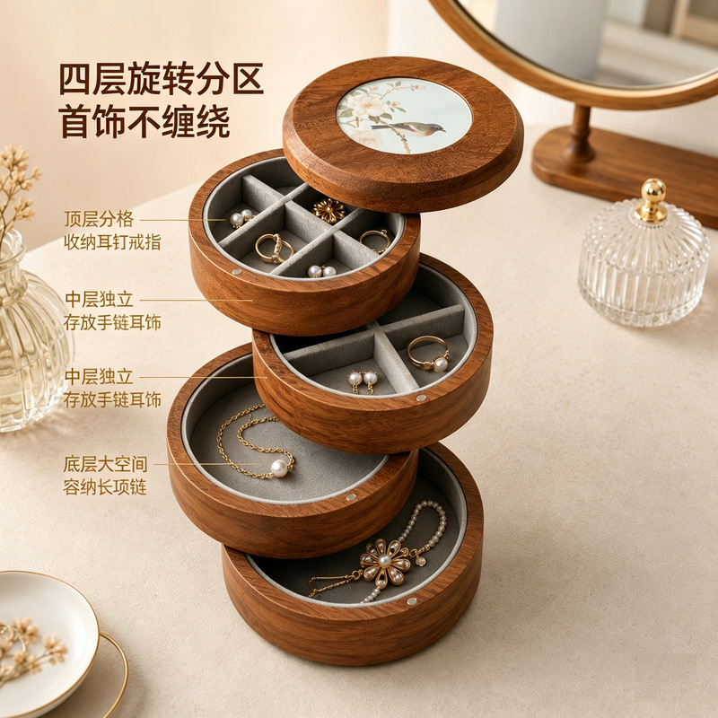 Walnut Wood Rotatable Jewelry Box, Dressing Table Jewelry Storage Box for Rings and Bracelets, High-End Light Luxury Solid Wood Small Size