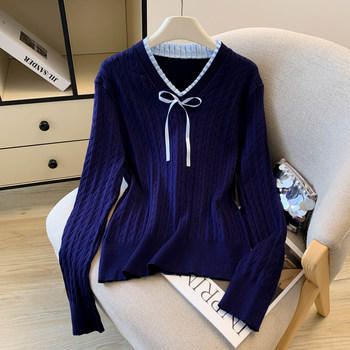 Commuting and leisure 2025 autumn and winter new korean style v-neck bow tie versatile style knitted sweater for women