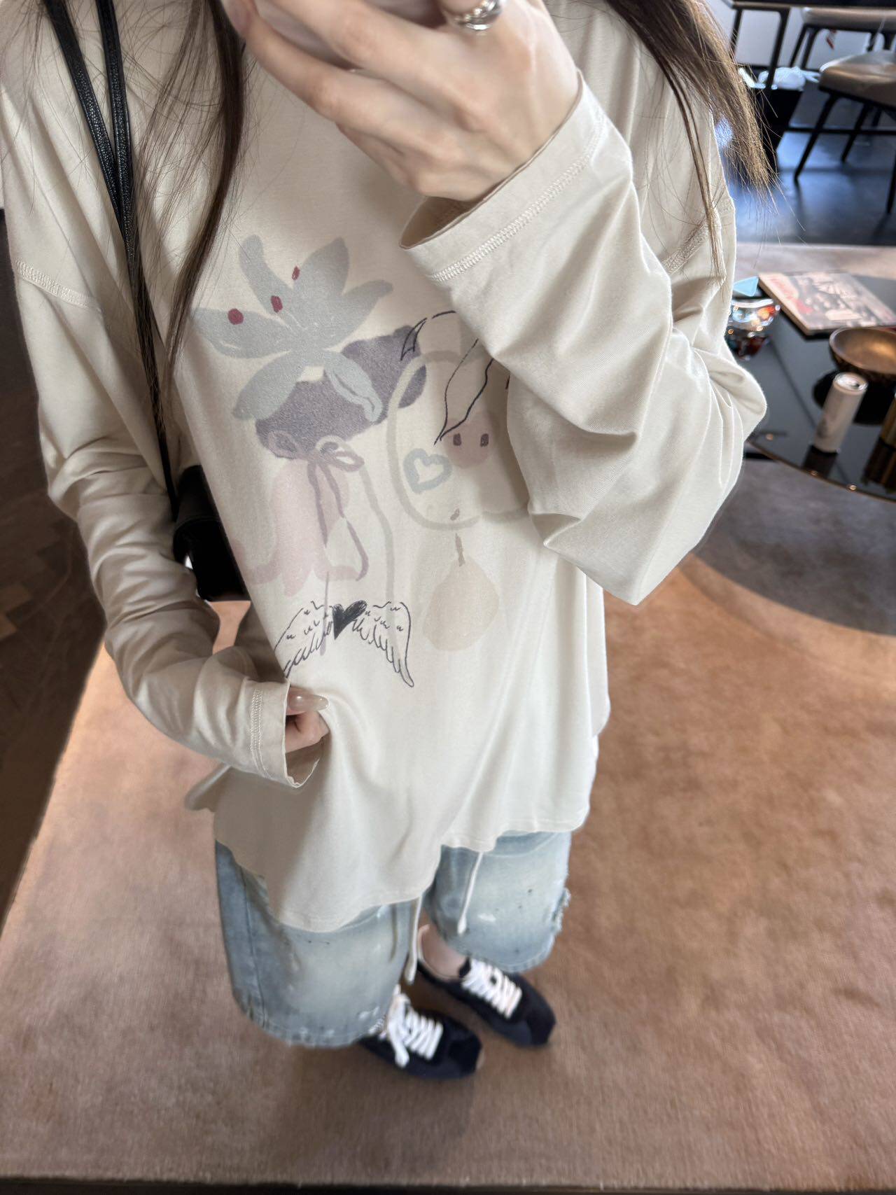 oker章壳儿оригинал ~ Футболка с принтом круглый вырез длинный рукав корейский стиль универсальная свободная повседневная весна 26 A409