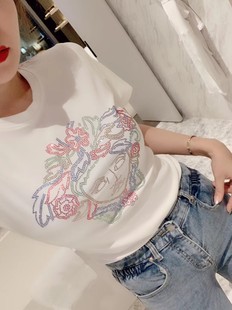 T-shirt European station heavy industry trend new hot diamond bottoming shirt women's slim fit round neck women's clothing short sleeves