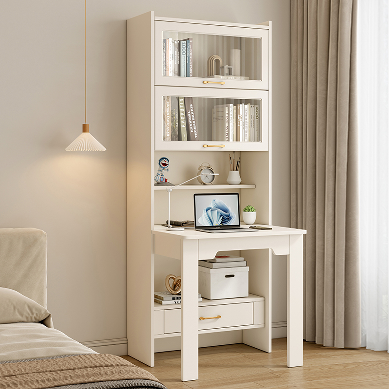 Folding Desk and Bookshelf Integrated Bedroom Desk Cabinet Home Study Desk Cream Style Solid Wood Computer Desk Set