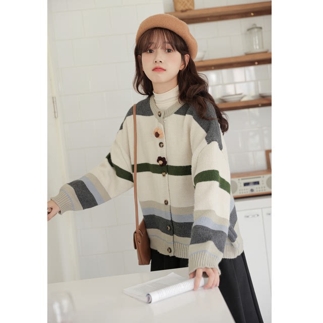 Moyujia 2023 early spring new Japanese lazy retro sweater high-quality striped sweater jacket female