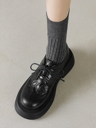 Morihejiao lambskin thick-soled plus velvet deep-mouth loafers for women 2025 autumn and winter new round-toe lace-up small leather shoes