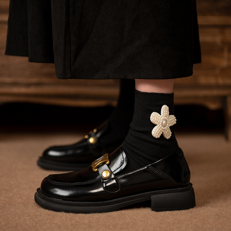 2022 new dumb cute head leather small leather shoes women's single shoes Inron black flat bottom One foot pedal Lefoe shoes women's shoes