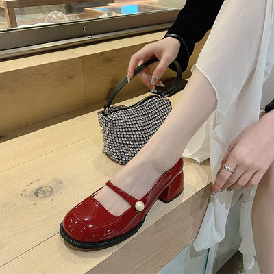 I sold out at a loss but made a profit! Patent leather mid-heel Mary Jane shoes for women's spring and summer, chunk-heeled single shoes, round toe women's shoes