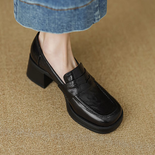 Senshi and Craftsman Sheepskin Chunky Heel Loafers for Women 2025 Spring New Square-Toe High-Heel Single Shoes British Style Small Leather Shoes