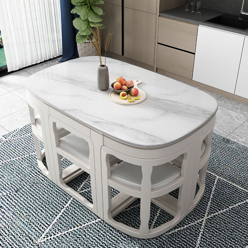 Slate Dining Table and Chair Set for Home Use, Modern Minimalist Space-Saving Rectangular Invisible Solid Wood Glossy Dining Table