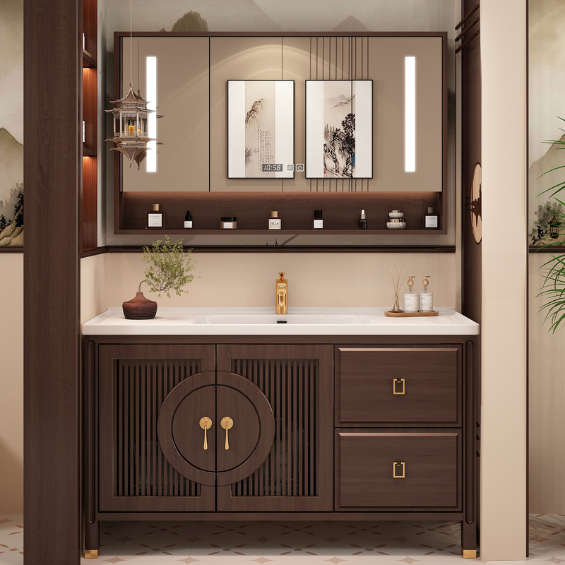 New Chinese-Style Oak Floor-Standing Bathroom Cabinet Set with Smart Solid Wood Washbasin and Integrated Ceramic Basin Mirror Cabinet