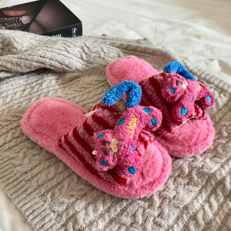 Cute Open-Toe Furry Slippers for Women, Autumn and Winter Home Cotton Slippers, Girly Non-Slip Dopamine Plush Slip-Ons