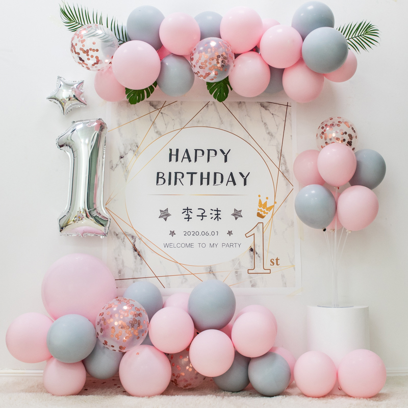 Princess girl baby 1st birthday decoration scene children theme balloon lying on the background wall poster 2