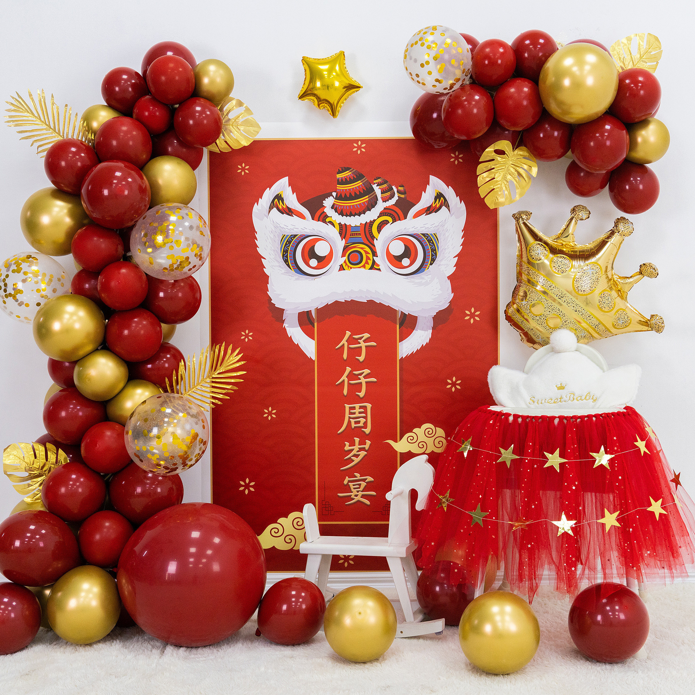 1 baby week-old grabbing weekly birthday Chinese windy Chinese red theme Balloon Decoration Cloth Background Wall Poster
