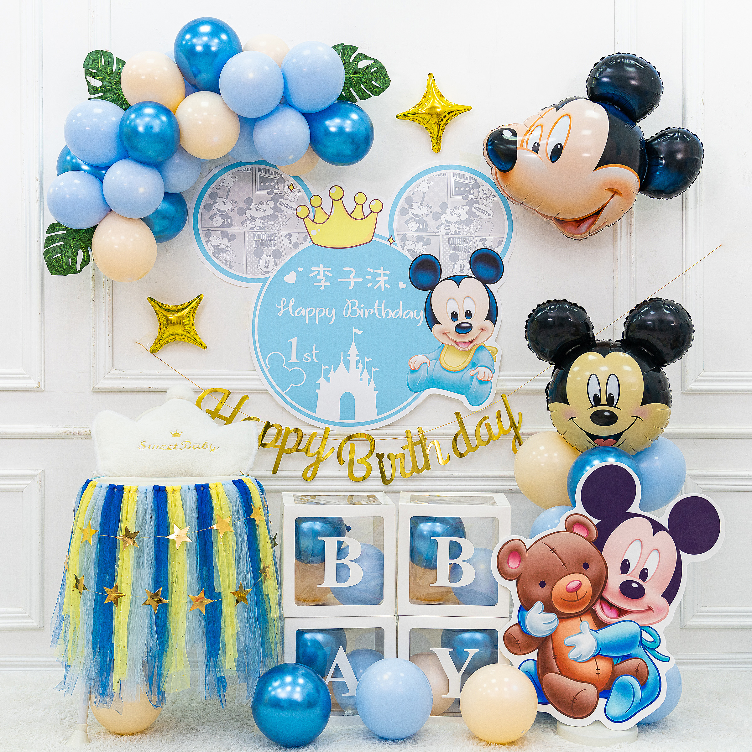 Mickey and Minnie Mouse baby 1st birthday party decoration decoration children's party venue background wall balloon 2