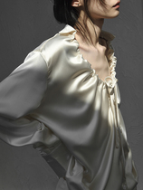 2021 summer and autumn satin drawstring shirt French romantic silky gloss strap girl champagne shirt design