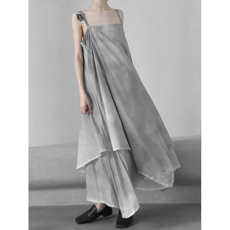 2021 summer handmade spray dyed gray dress bow ribbon sling dress loose irregular hem Dark Wind