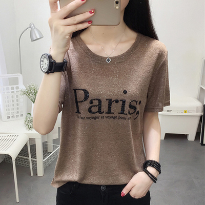 冰丝短袖t恤女2021年夏季韩版宽松大码女装镶钻亮丝上衣ins针织衫