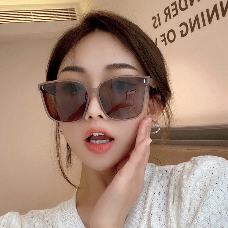 Han Prints Tide Retro Milk Tea Color Polarized Ink Mirror Woman Square Shaped Large Frame Round Face Glasses Anti UV Sunglasses