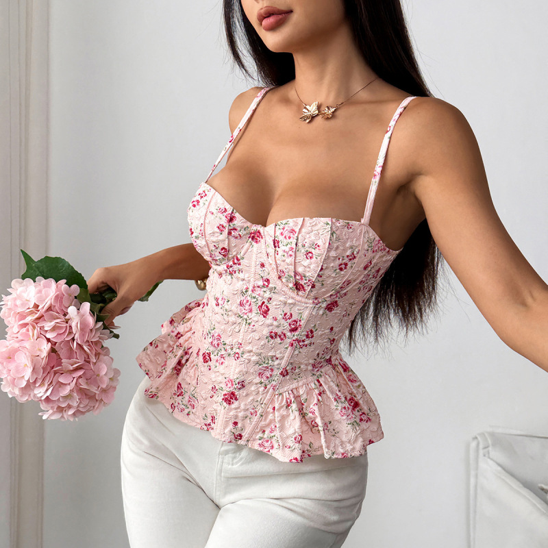 ins European and American Style Spring and Summer Floral Irregular Ruffle Edge New Sexy Backless Lace-Up Tube Top 71027