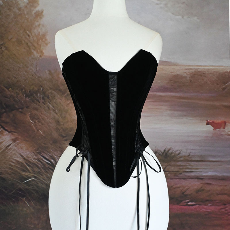768 European and American Style ins Velvet Lace Mesh Bra with Hollow Out Steel Boning and Back Tie